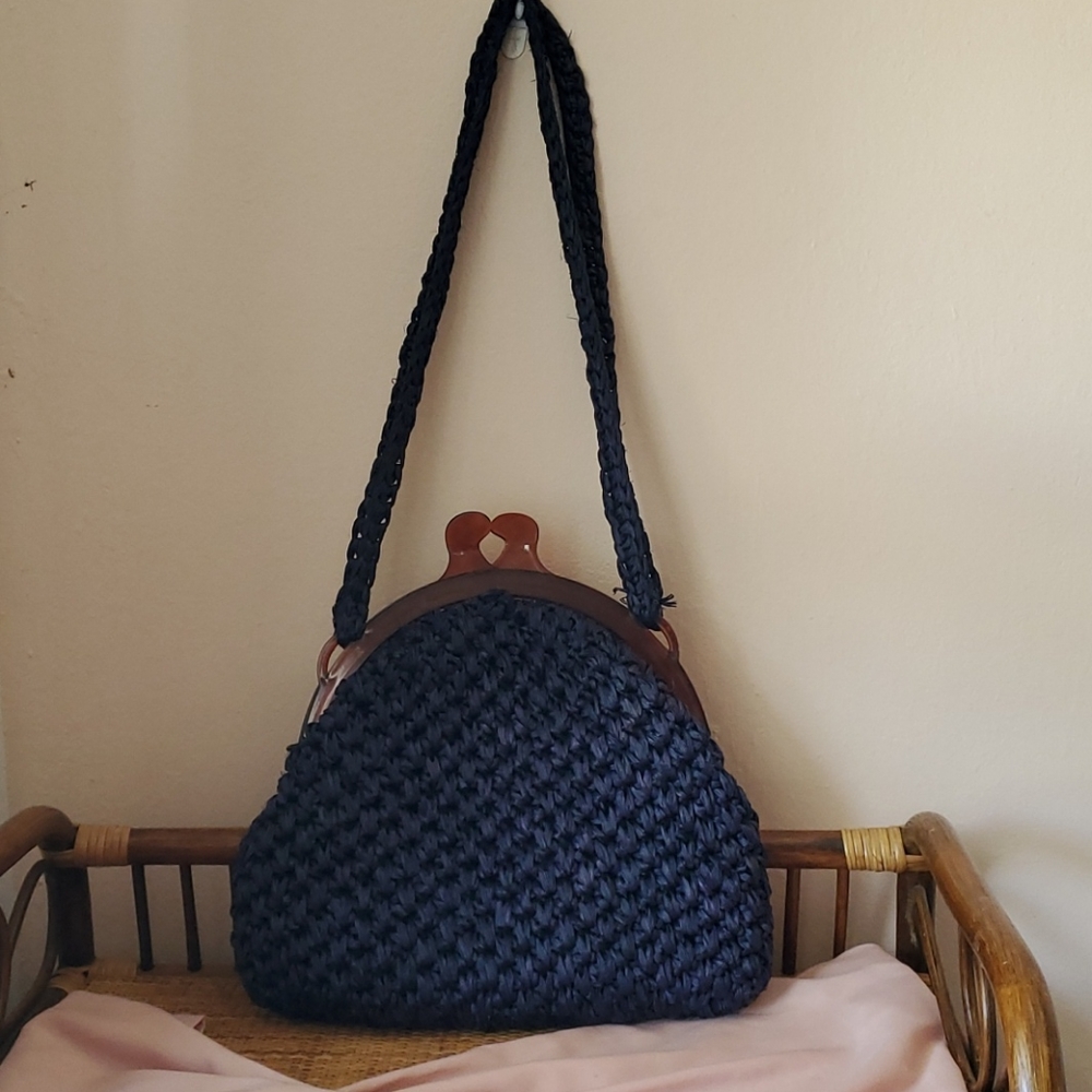 Vintage, 1960s navy blue woven raffia bag